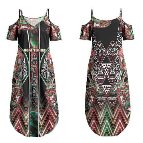 Aotearoa Ngai Tuhoe Family Matching Summer Maxi Dress and Hawaiian Shirt Maori Tribal Red And Green Paua Shell Pattern