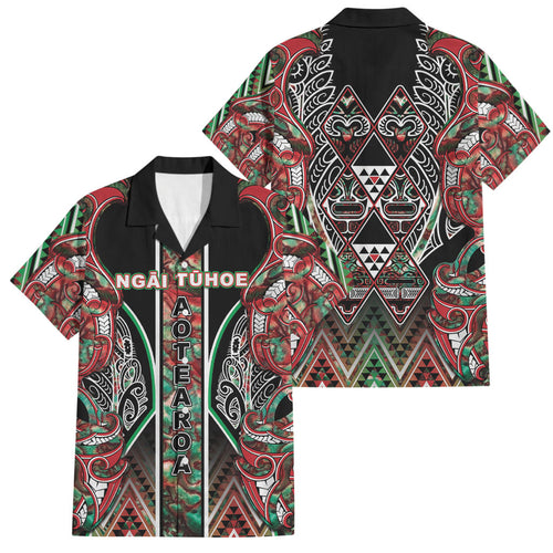 Aotearoa Ngai Tuhoe Family Matching Summer Maxi Dress and Hawaiian Shirt Maori Tribal Red And Green Paua Shell Pattern