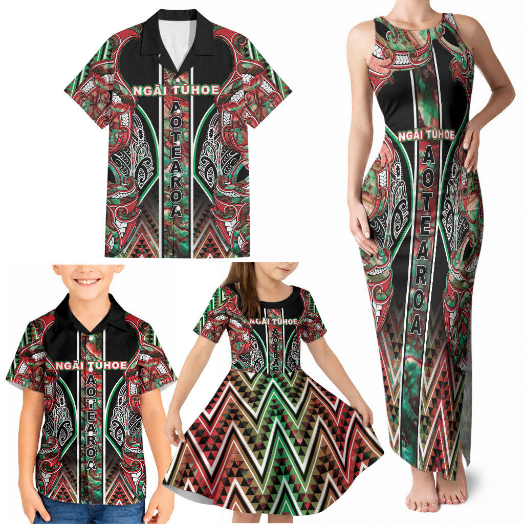 Aotearoa Ngai Tuhoe Family Matching Tank Maxi Dress and Hawaiian Shirt Maori Tribal Red And Green Paua Shell Pattern
