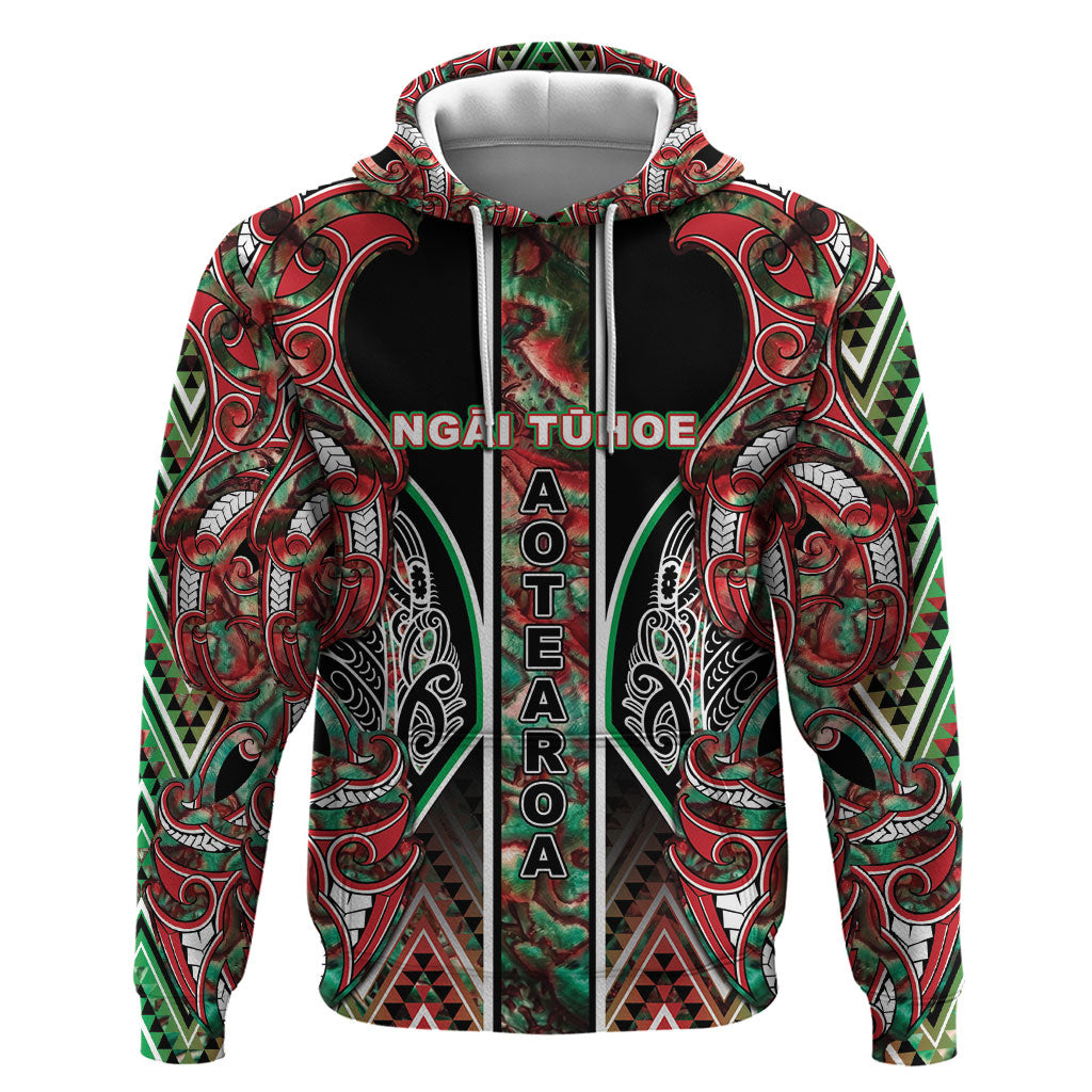 Aotearoa Ngai Tuhoe Hoodie Maori Tribal Red And Green Paua Shell Pattern