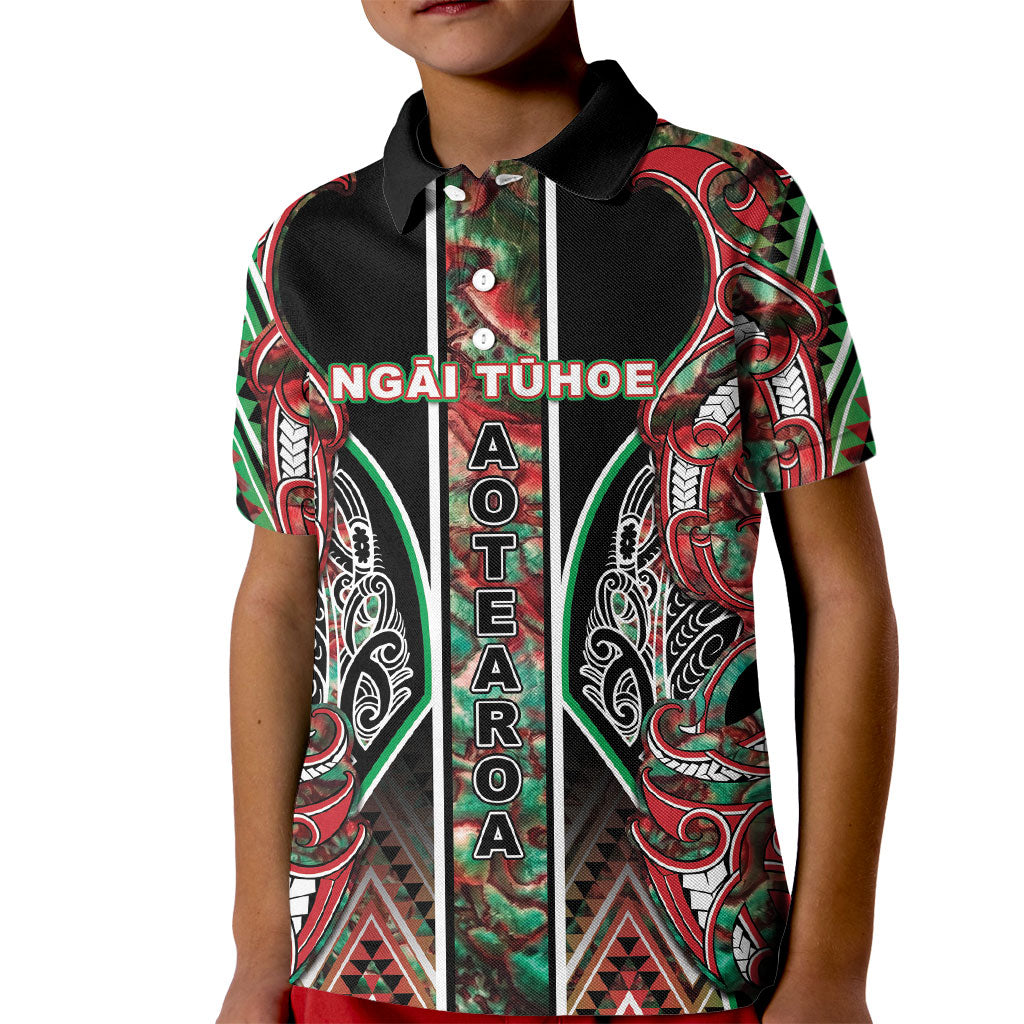 Aotearoa Ngai Tuhoe Kid Polo Shirt Maori Tribal Red And Green Paua Shell Pattern
