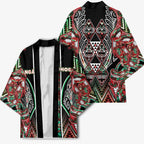 Aotearoa Ngai Tuhoe Kimono Maori Tribal Red And Green Paua Shell Pattern