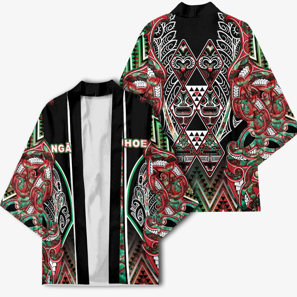 Aotearoa Ngai Tuhoe Kimono Maori Tribal Red And Green Paua Shell Pattern