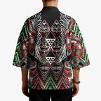 Aotearoa Ngai Tuhoe Kimono Maori Tribal Red And Green Paua Shell Pattern