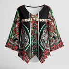 Aotearoa Ngai Tuhoe Kimono Sleeve Blouse Maori Tribal Red And Green Paua Shell Pattern