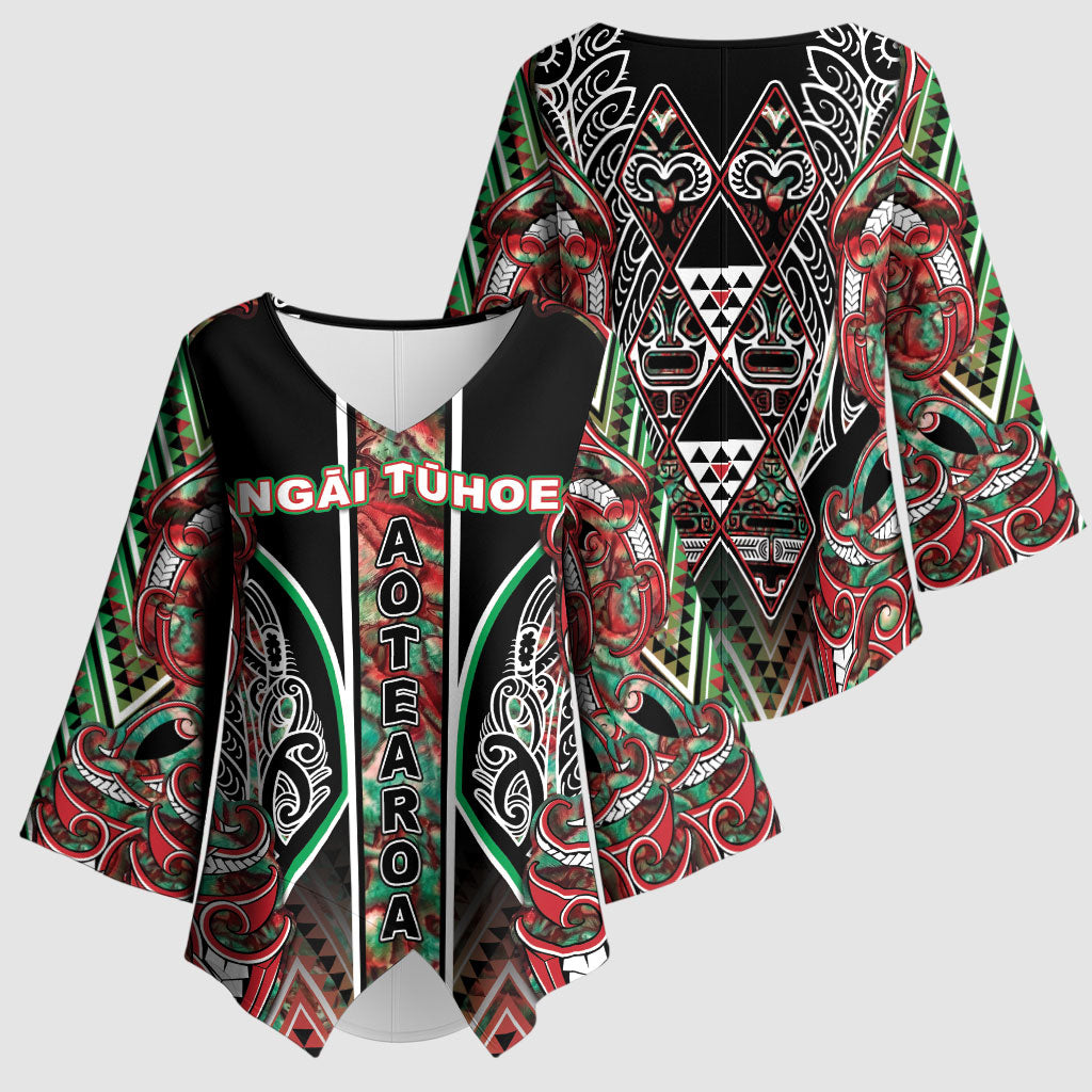 Aotearoa Ngai Tuhoe Kimono Sleeve Blouse Maori Tribal Red And Green Paua Shell Pattern
