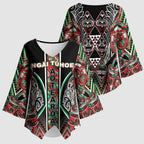 Aotearoa Ngai Tuhoe Kimono Sleeve Blouse Maori Tribal Red And Green Paua Shell Pattern