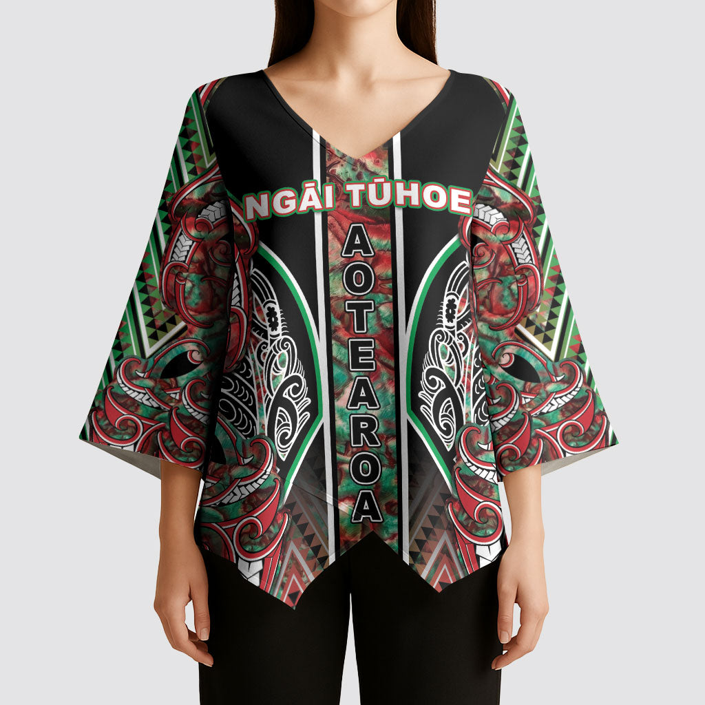 Aotearoa Ngai Tuhoe Kimono Sleeve Blouse Maori Tribal Red And Green Paua Shell Pattern