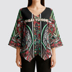 Aotearoa Ngai Tuhoe Kimono Sleeve Blouse Maori Tribal Red And Green Paua Shell Pattern
