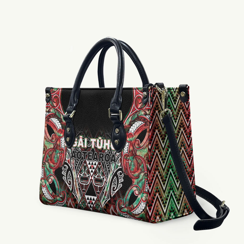 Aotearoa Ngai Tuhoe Leather Bag Maori Tribal Red And Green Paua Shell Pattern