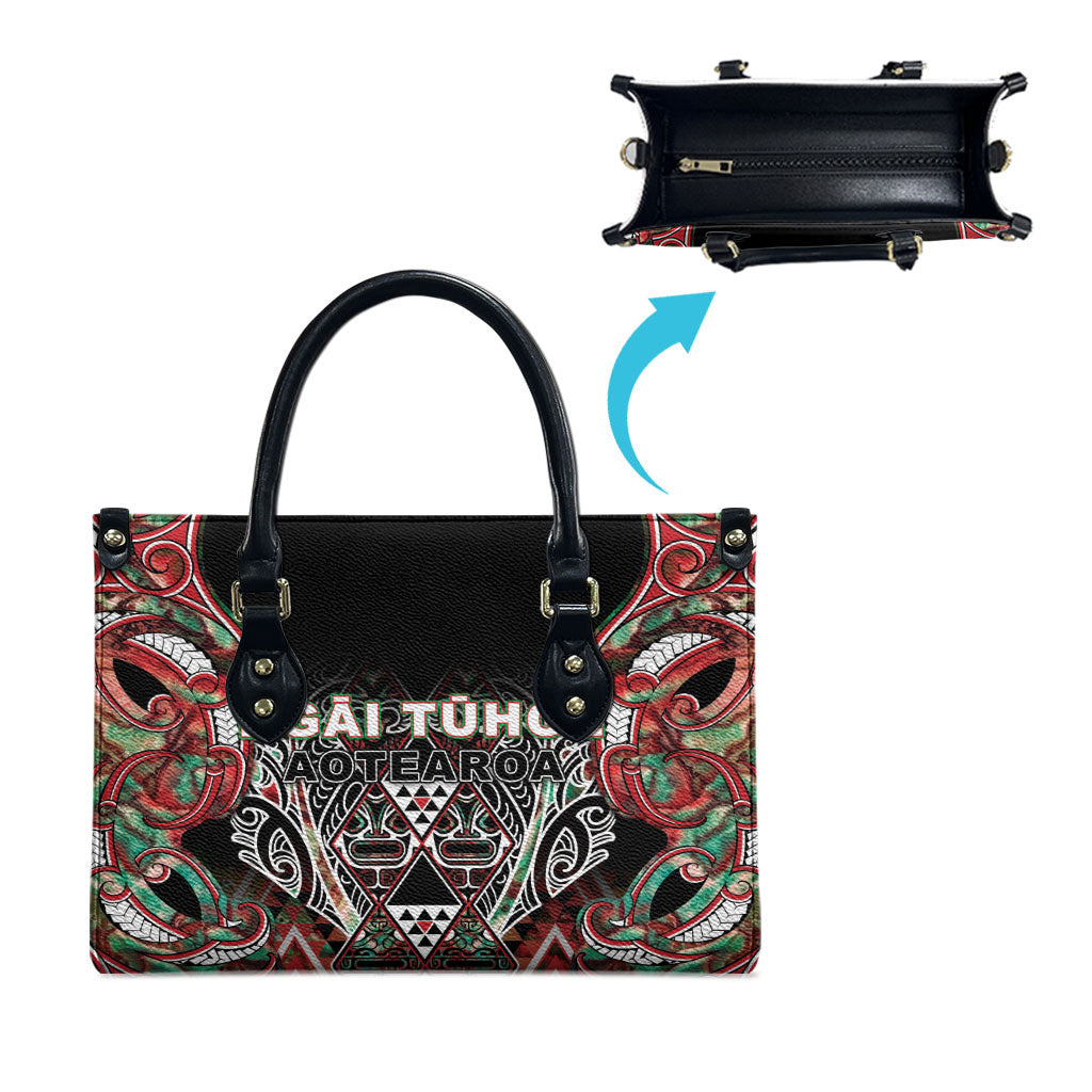 Aotearoa Ngai Tuhoe Leather Bag Maori Tribal Red And Green Paua Shell Pattern