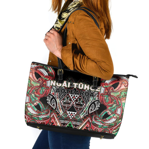 Aotearoa Ngai Tuhoe Leather Tote Bag Maori Tribal Red And Green Paua Shell Pattern
