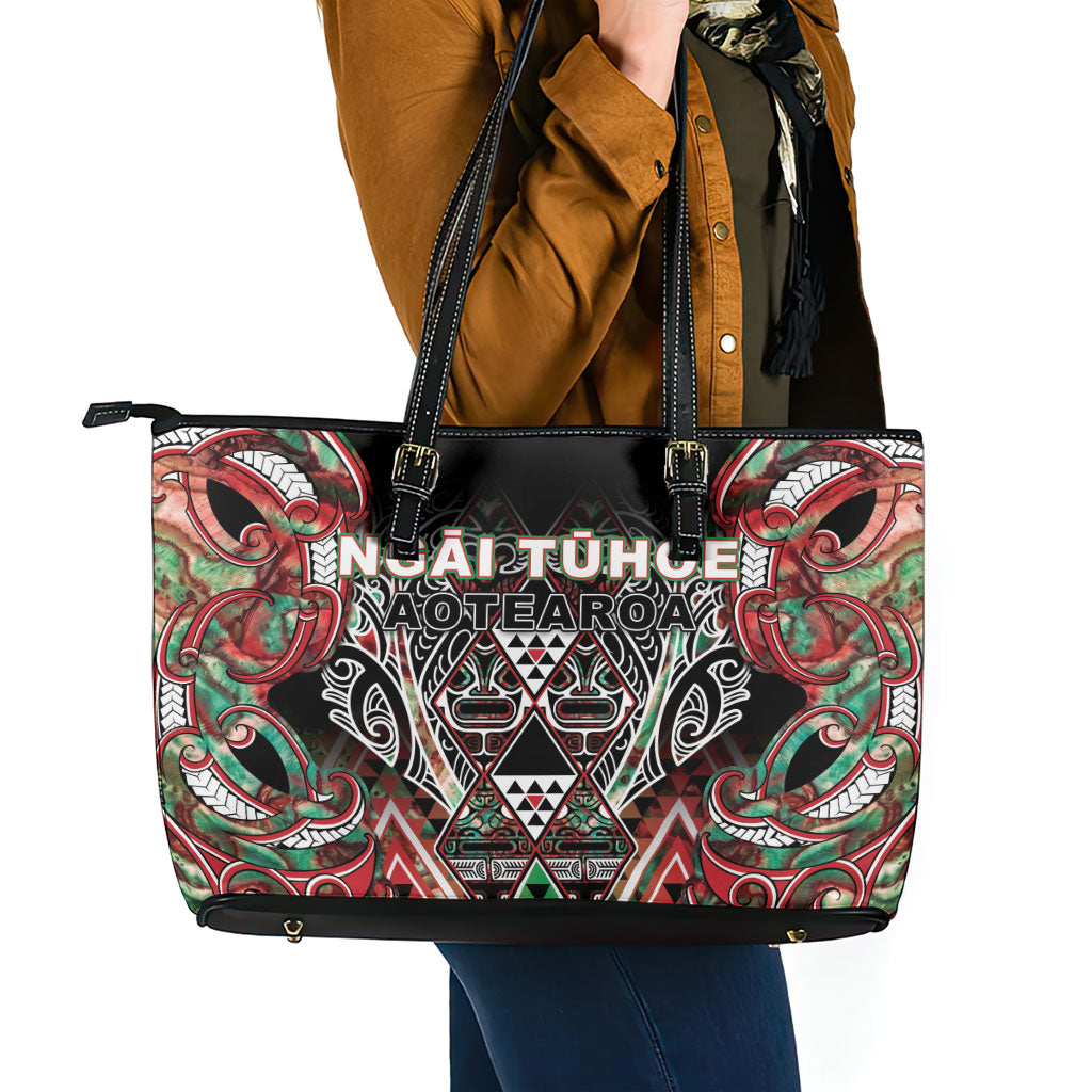 Aotearoa Ngai Tuhoe Leather Tote Bag Maori Tribal Red And Green Paua Shell Pattern