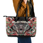 Aotearoa Ngai Tuhoe Leather Tote Bag Maori Tribal Red And Green Paua Shell Pattern