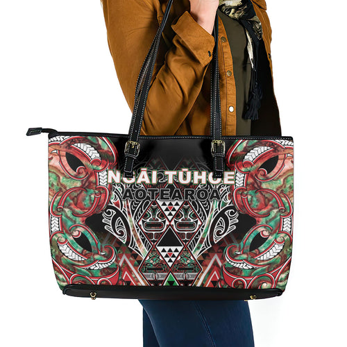Aotearoa Ngai Tuhoe Leather Tote Bag Maori Tribal Red And Green Paua Shell Pattern