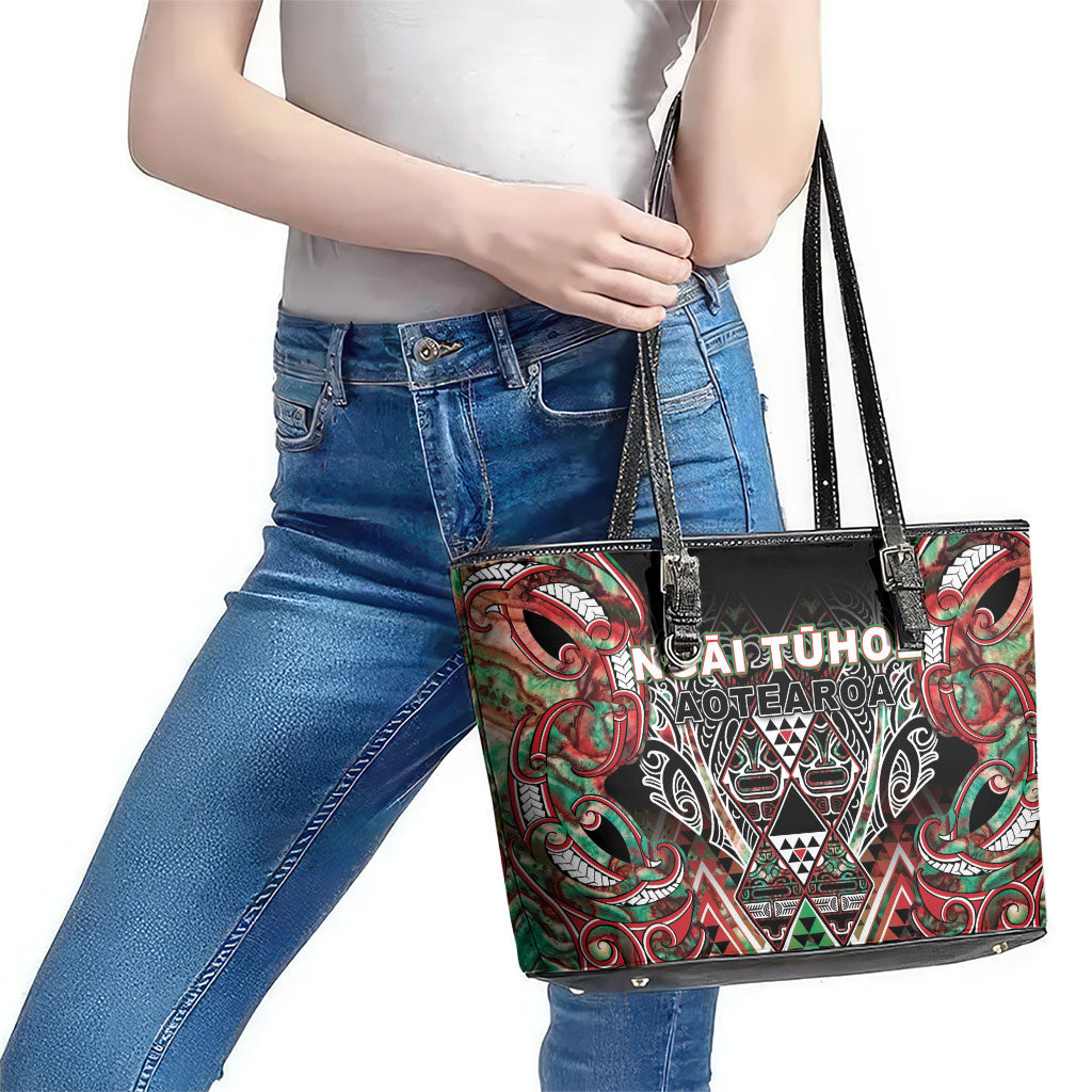 Aotearoa Ngai Tuhoe Leather Tote Bag Maori Tribal Red And Green Paua Shell Pattern