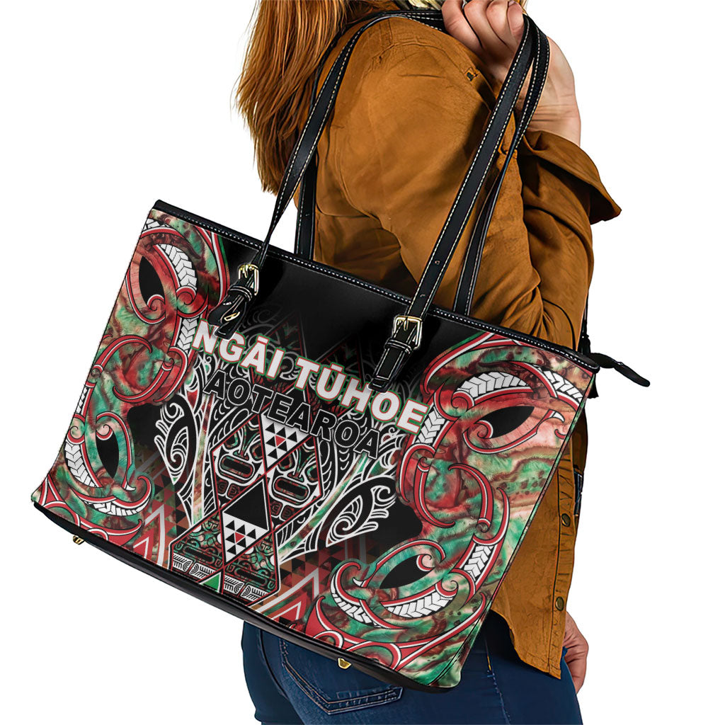 Aotearoa Ngai Tuhoe Leather Tote Bag Maori Tribal Red And Green Paua Shell Pattern
