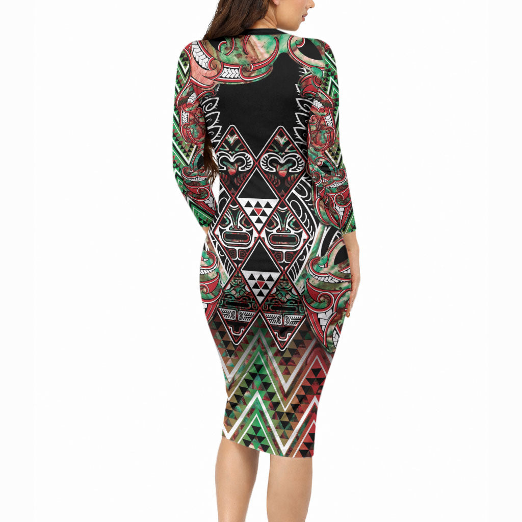 Aotearoa Ngai Tuhoe Long Sleeve Bodycon Dress Maori Tribal Red And Green Paua Shell Pattern