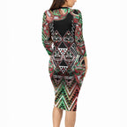 Aotearoa Ngai Tuhoe Long Sleeve Bodycon Dress Maori Tribal Red And Green Paua Shell Pattern