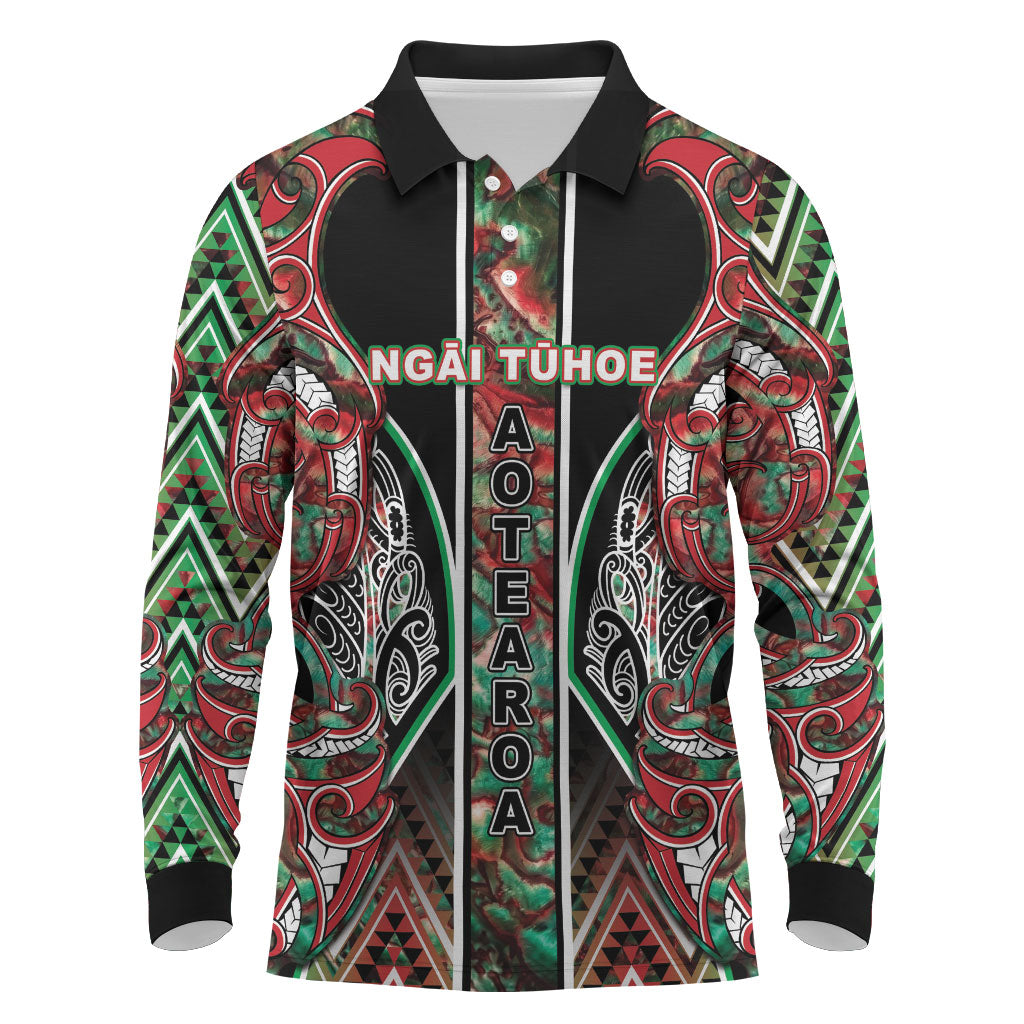 Aotearoa Ngai Tuhoe Long Sleeve Polo Shirt Maori Tribal Red And Green Paua Shell Pattern