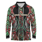 Aotearoa Ngai Tuhoe Long Sleeve Polo Shirt Maori Tribal Red And Green Paua Shell Pattern