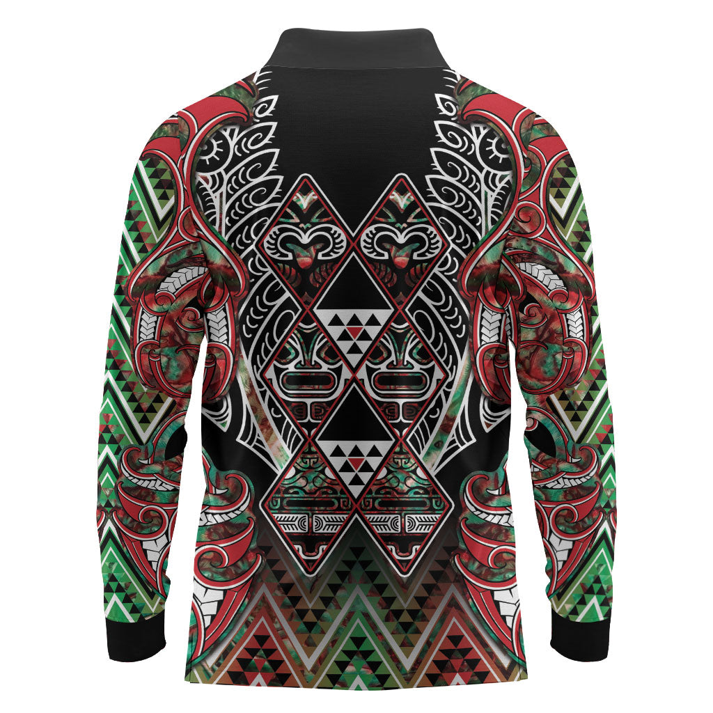 Aotearoa Ngai Tuhoe Long Sleeve Polo Shirt Maori Tribal Red And Green Paua Shell Pattern