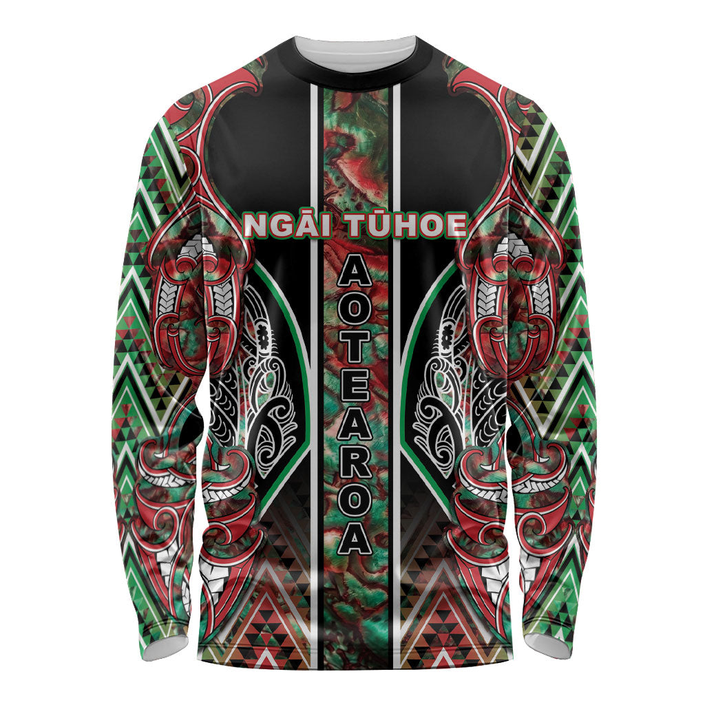 Aotearoa Ngai Tuhoe Long Sleeve Shirt Maori Tribal Red And Green Paua Shell Pattern