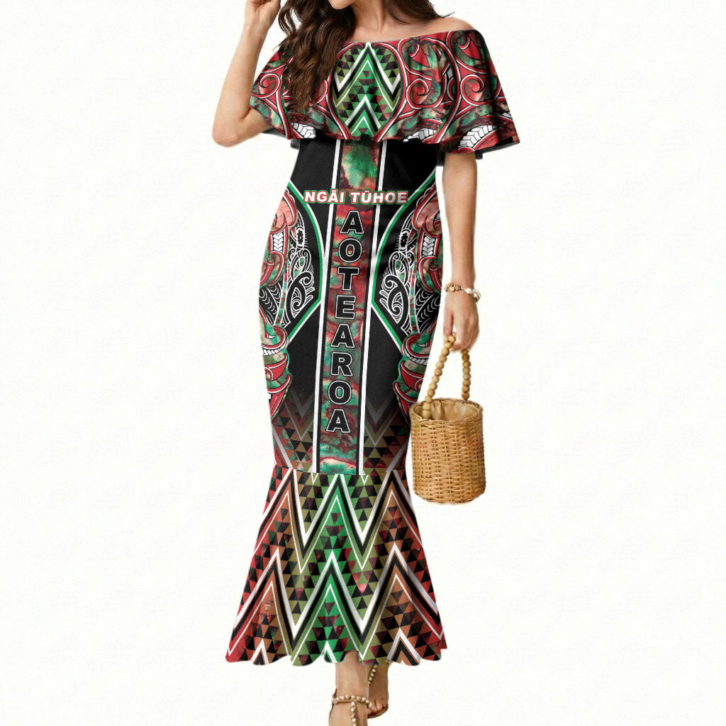 Aotearoa Ngai Tuhoe Mermaid Dress Maori Tribal Red And Green Paua Shell Pattern