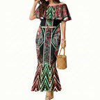 Aotearoa Ngai Tuhoe Mermaid Dress Maori Tribal Red And Green Paua Shell Pattern