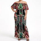 Aotearoa Ngai Tuhoe Off Shoulder Maxi Dress Maori Tribal Red And Green Paua Shell Pattern