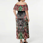 Aotearoa Ngai Tuhoe Off Shoulder Maxi Dress Maori Tribal Red And Green Paua Shell Pattern