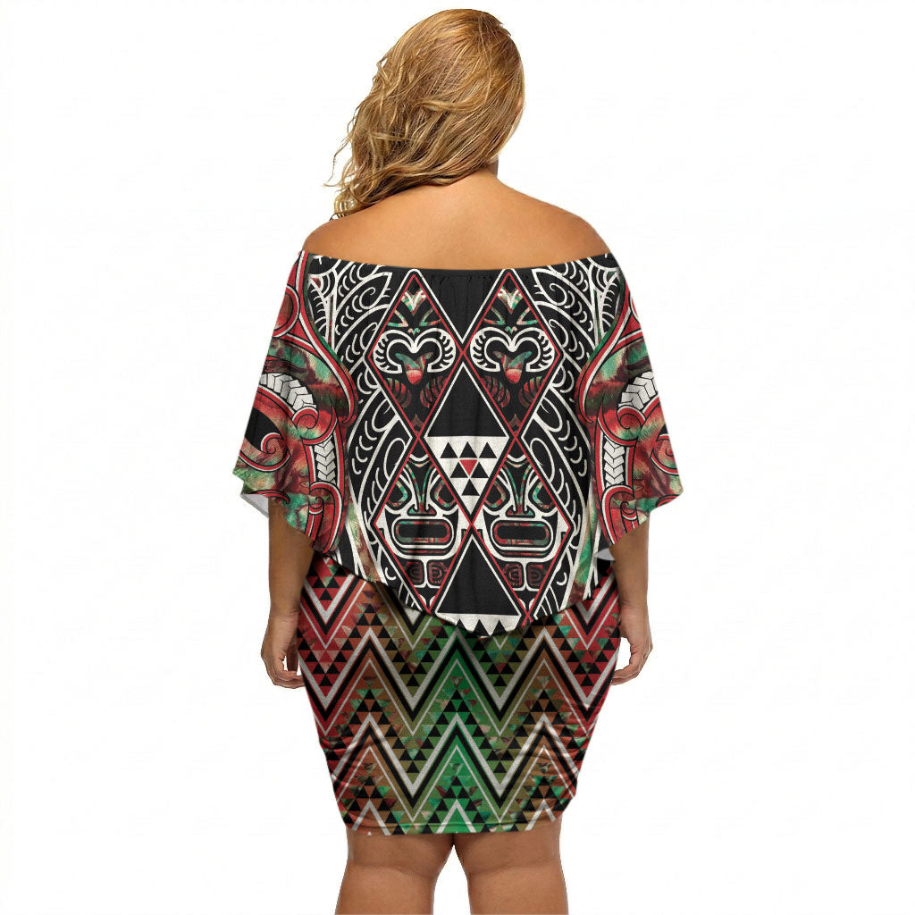 Aotearoa Ngai Tuhoe Off Shoulder Short Dress Maori Tribal Red And Green Paua Shell Pattern
