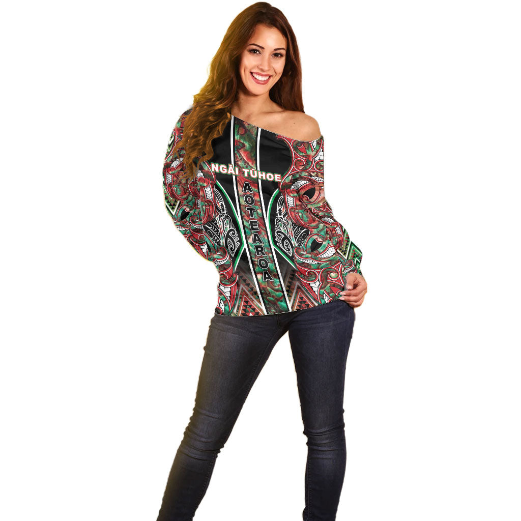 Aotearoa Ngai Tuhoe Off Shoulder Sweater Maori Tribal Red And Green Paua Shell Pattern