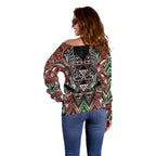 Aotearoa Ngai Tuhoe Off Shoulder Sweater Maori Tribal Red And Green Paua Shell Pattern