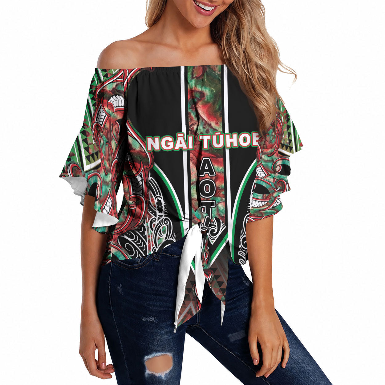 Aotearoa Ngai Tuhoe Off Shoulder Wrap Waist Top Maori Tribal Red And Green Paua Shell Pattern