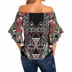 Aotearoa Ngai Tuhoe Off Shoulder Wrap Waist Top Maori Tribal Red And Green Paua Shell Pattern