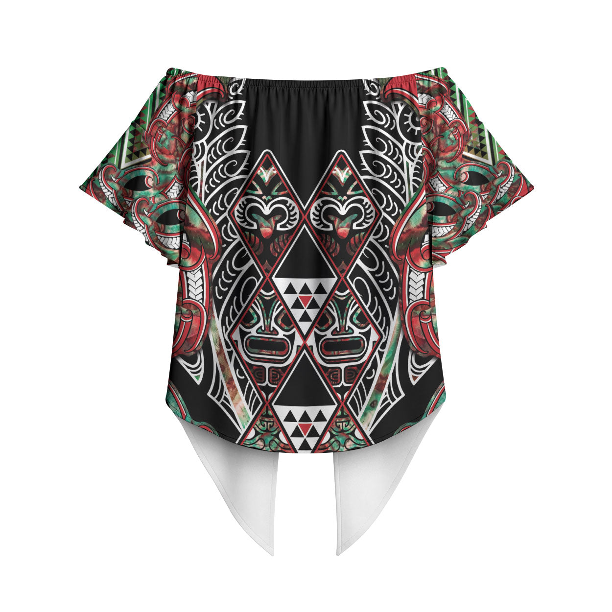Aotearoa Ngai Tuhoe Off Shoulder Wrap Waist Top Maori Tribal Red And Green Paua Shell Pattern