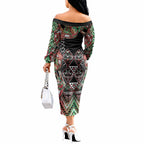 Aotearoa Ngai Tuhoe Off The Shoulder Long Sleeve Dress Maori Tribal Red And Green Paua Shell Pattern