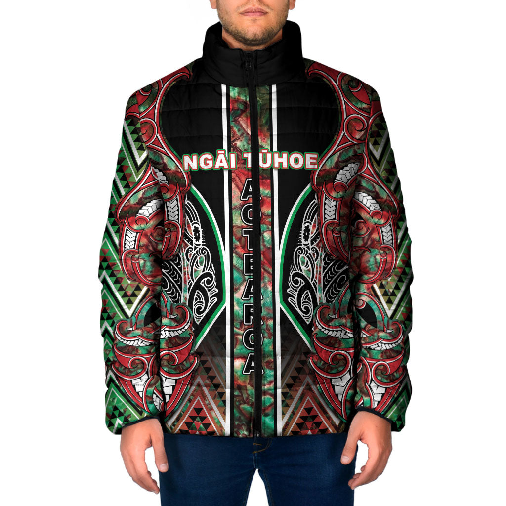Aotearoa Ngai Tuhoe Padded Jacket Maori Tribal Red And Green Paua Shell Pattern