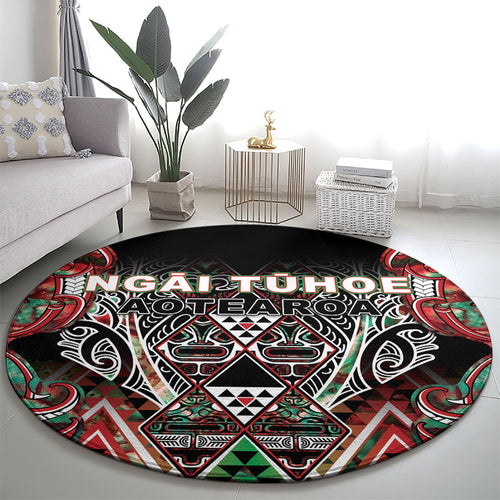Aotearoa Ngai Tuhoe Round Carpet Maori Tribal Red And Green Paua Shell Pattern