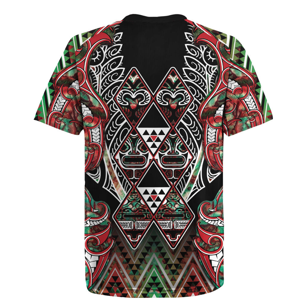 Aotearoa Ngai Tuhoe Rugby Jersey Maori Tribal Red And Green Paua Shell Pattern