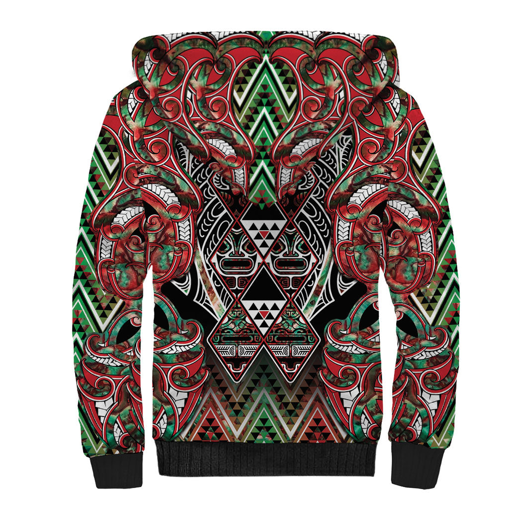 Aotearoa Ngai Tuhoe Sherpa Hoodie Maori Tribal Red And Green Paua Shell Pattern