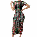 Aotearoa Ngai Tuhoe Short Sleeve Bodycon Dress Maori Tribal Red And Green Paua Shell Pattern