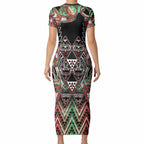 Aotearoa Ngai Tuhoe Short Sleeve Bodycon Dress Maori Tribal Red And Green Paua Shell Pattern