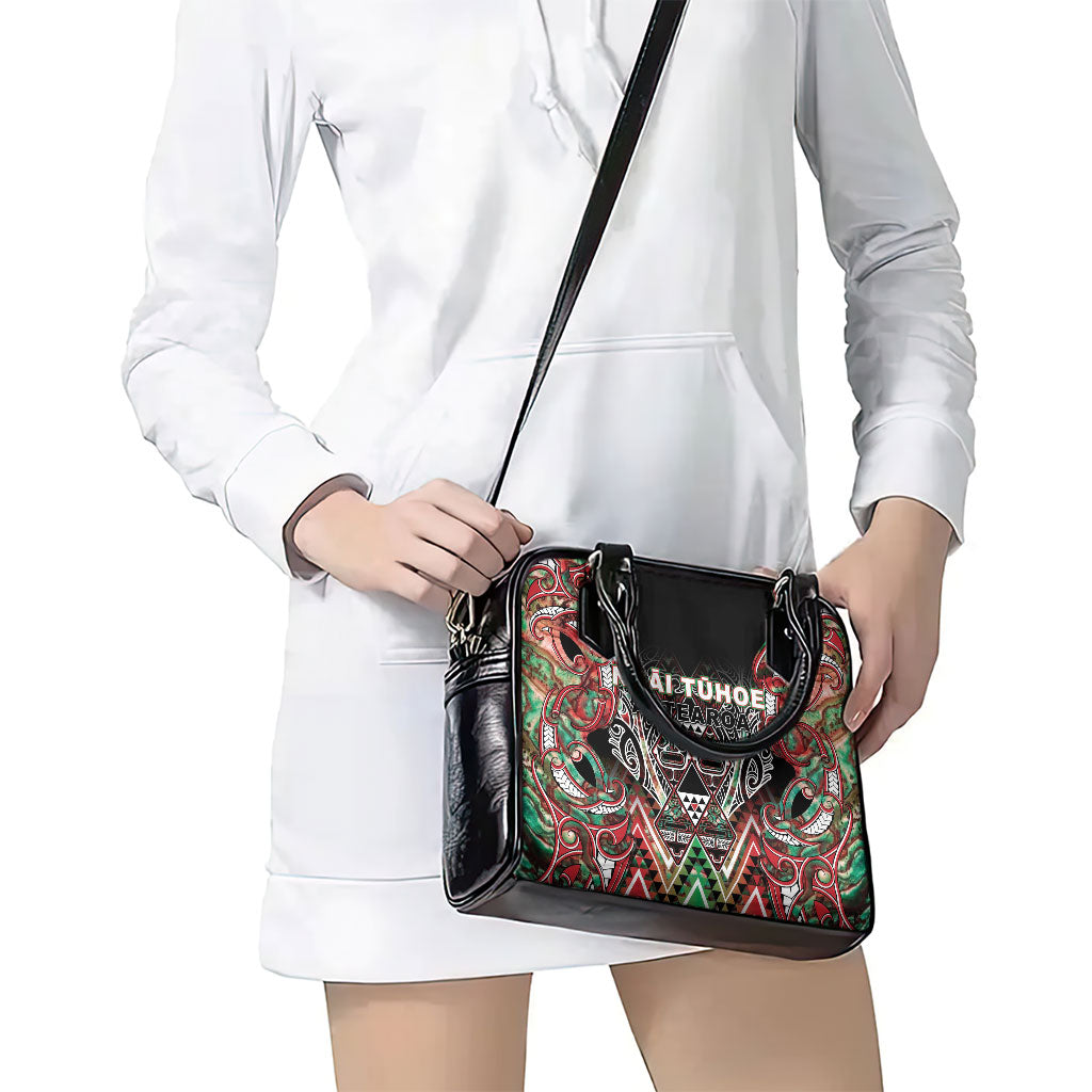 Aotearoa Ngai Tuhoe Shoulder Handbag Maori Tribal Red And Green Paua Shell Pattern