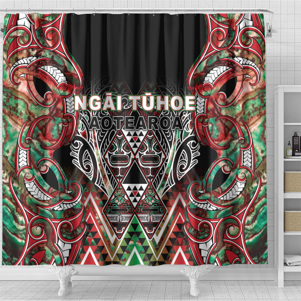 Aotearoa Ngai Tuhoe Shower Curtain Maori Tribal Red And Green Paua Shell Pattern