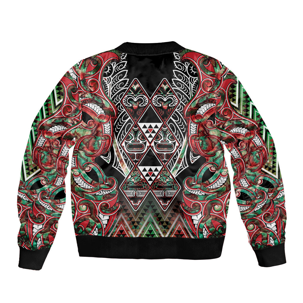 Aotearoa Ngai Tuhoe Sleeve Zip Bomber Jacket Maori Tribal Red And Green Paua Shell Pattern