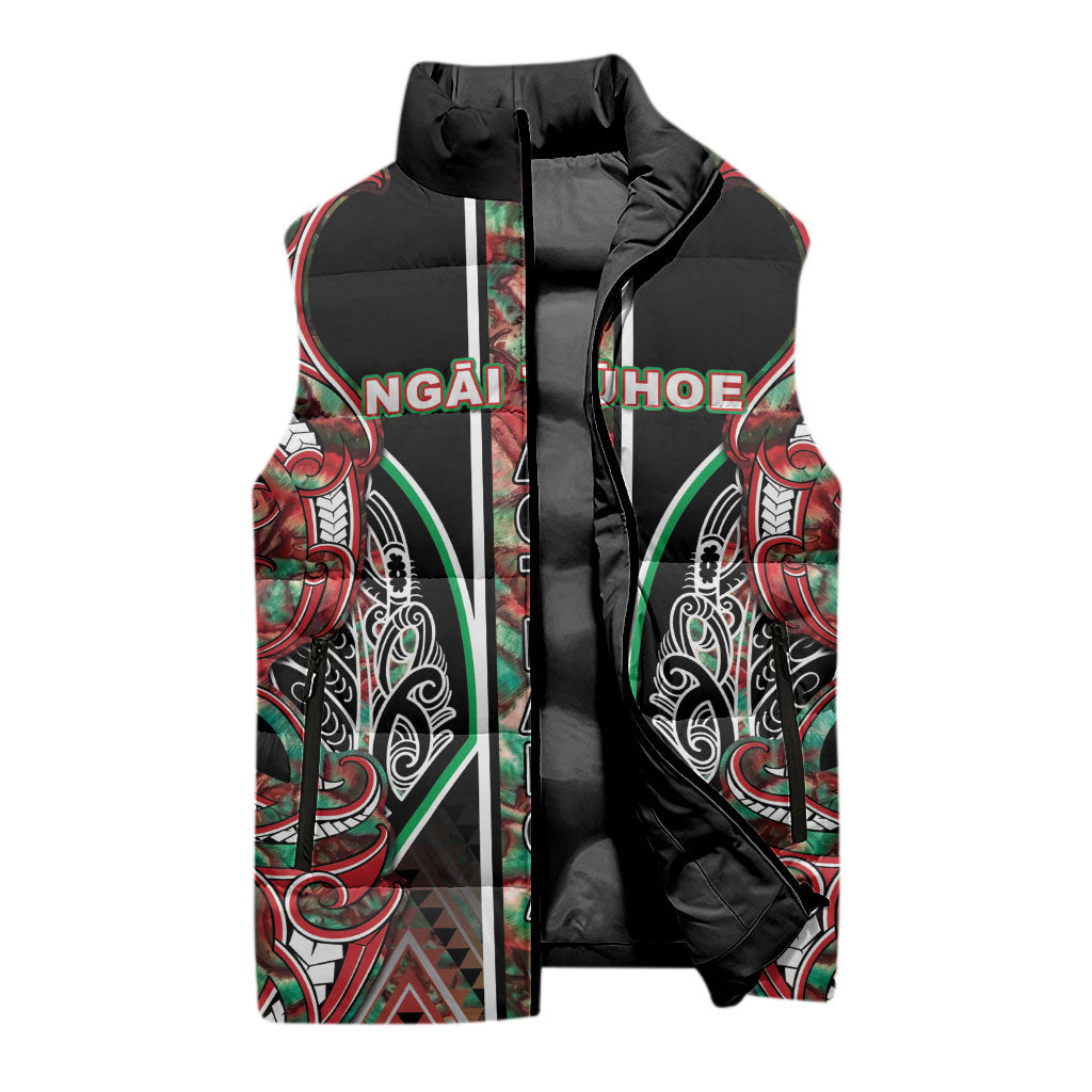 Aotearoa Ngai Tuhoe Sleeveless Puffer Jacket Maori Tribal Red And Green Paua Shell Pattern