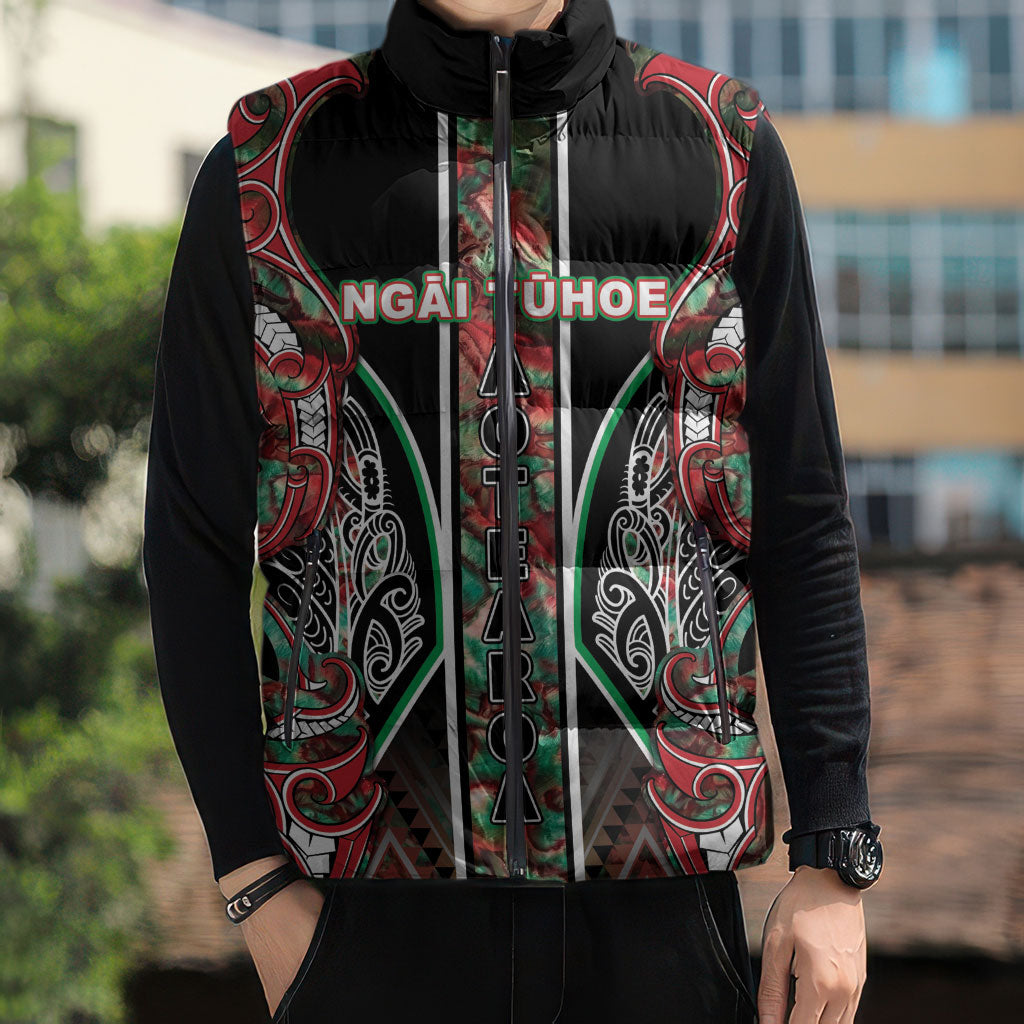 Aotearoa Ngai Tuhoe Sleeveless Puffer Jacket Maori Tribal Red And Green Paua Shell Pattern