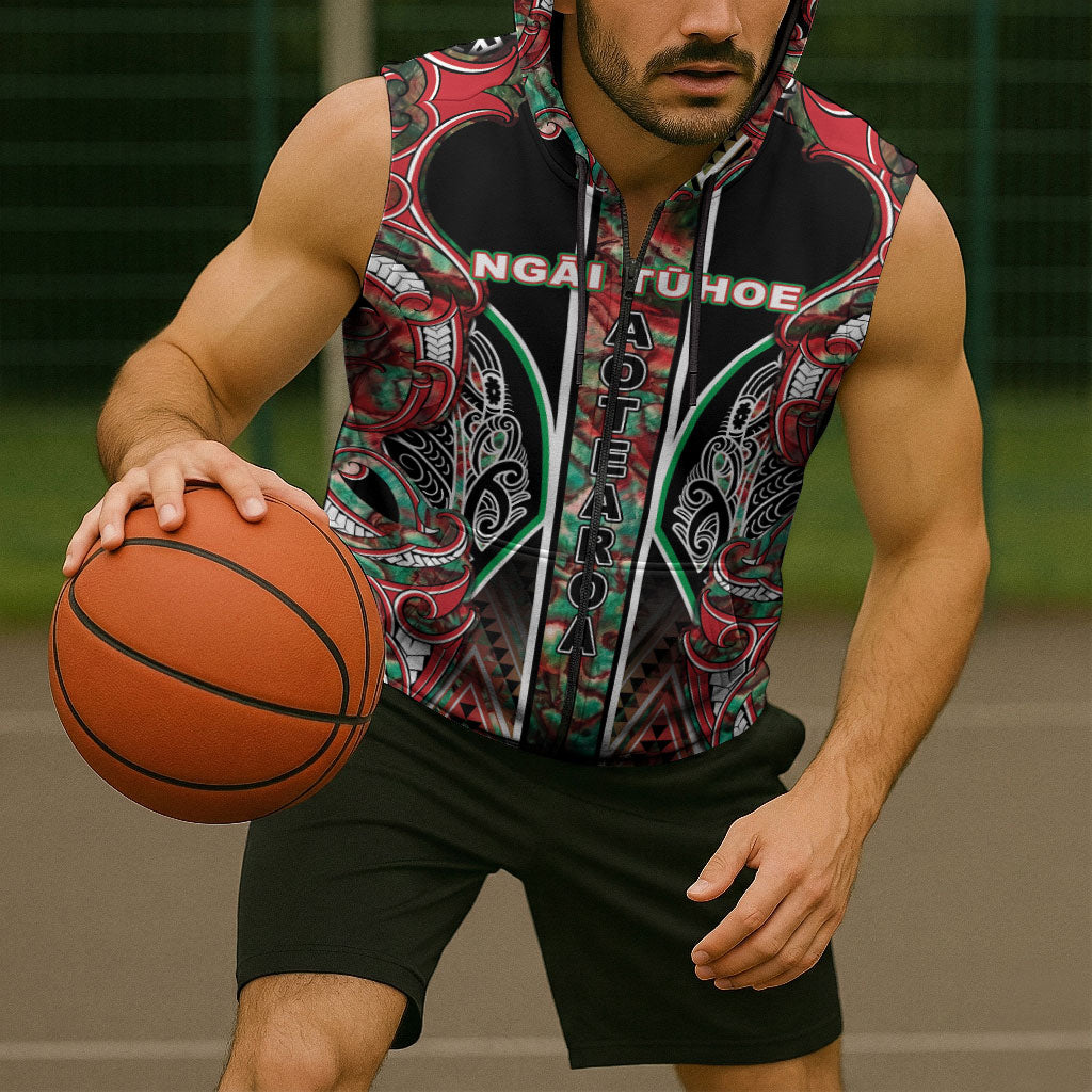 Aotearoa Ngai Tuhoe Sleeveless Zip Hoodie Maori Tribal Red And Green Paua Shell Pattern